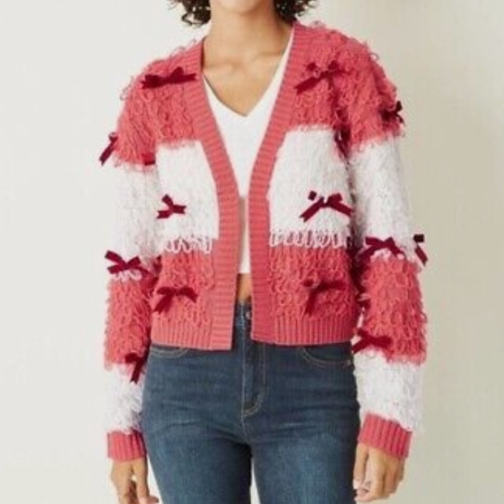 Mighty Fine Christmas Pink Bow Loop Cardigan Sweater Large